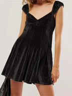 Velvet Ruched V-Neck Cap Sleeve Fit and Flare Mini Dress