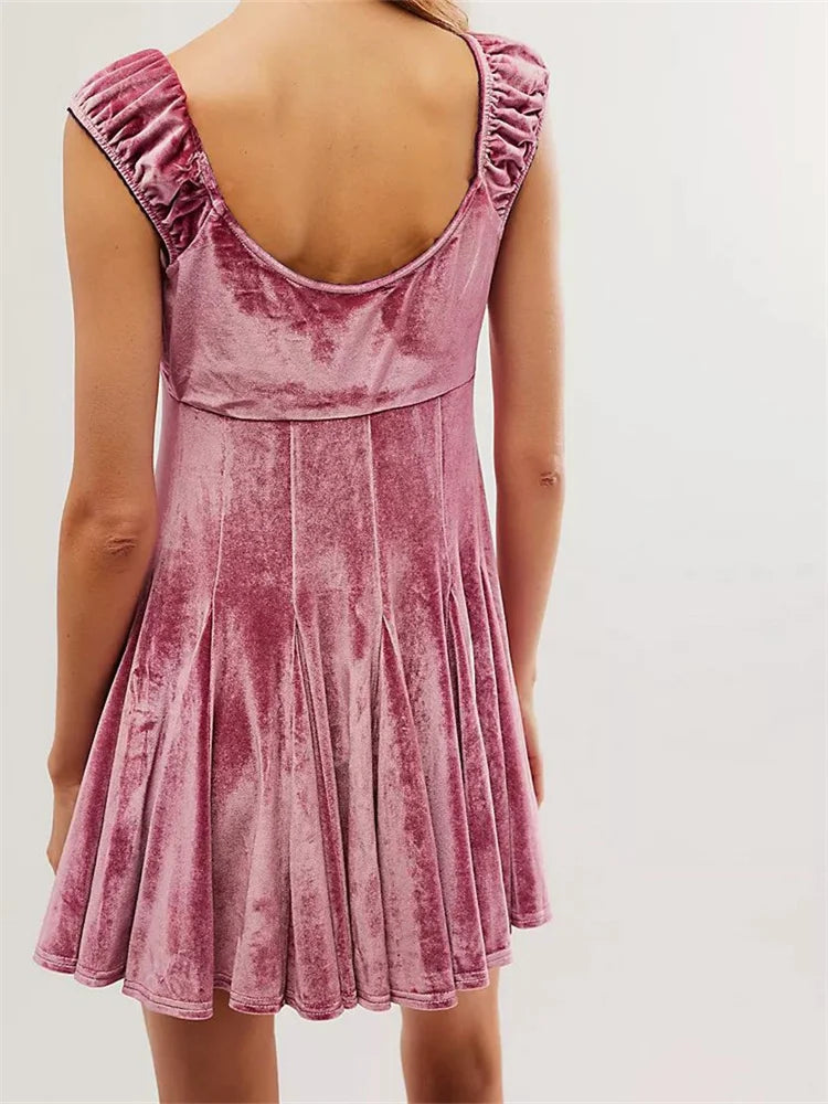 Velvet Ruched V-Neck Cap Sleeve Fit and Flare Mini Dress
