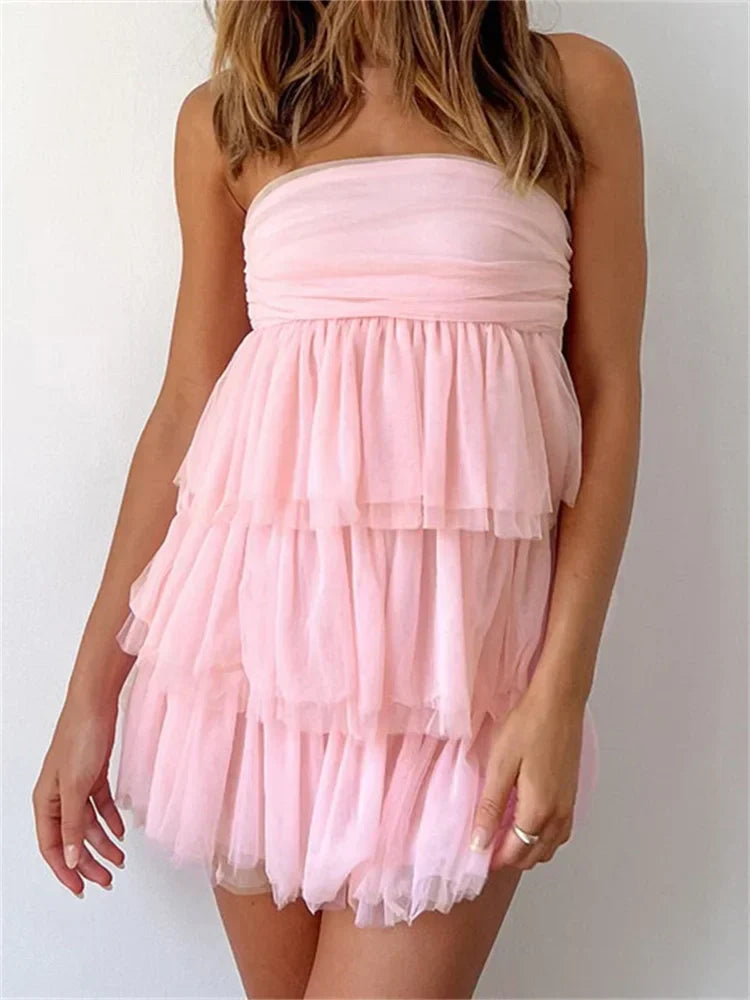 Strapless Ruched Tube Tiered Tulle Ruffle Babydoll Mini Dress