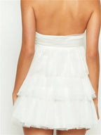Strapless Ruched Tube Tiered Tulle Ruffle Babydoll Mini Dress