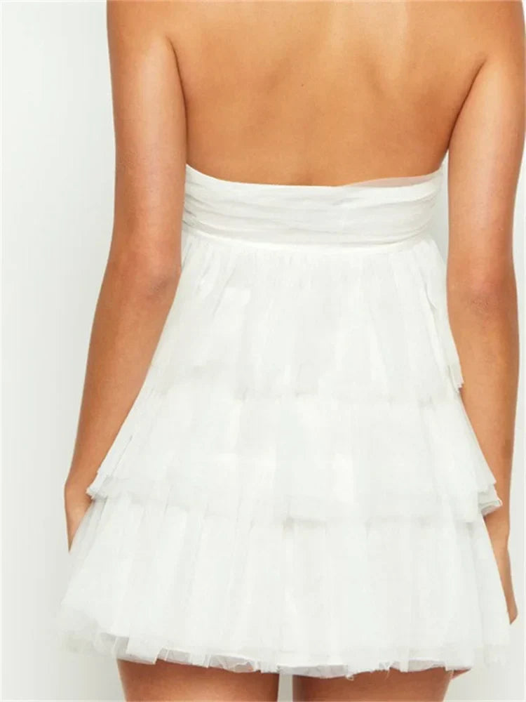 Strapless Ruched Tube Tiered Tulle Ruffle Babydoll Mini Dress