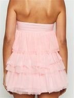Strapless Ruched Tube Tiered Tulle Ruffle Babydoll Mini Dress
