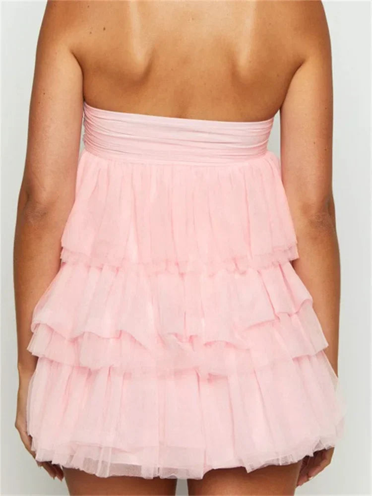 Strapless Ruched Tube Tiered Tulle Ruffle Babydoll Mini Dress