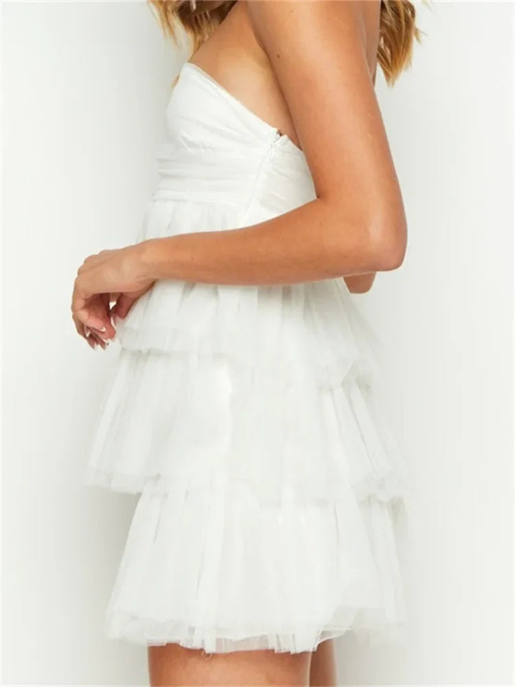 Strapless Ruched Tube Tiered Tulle Ruffle Babydoll Mini Dress