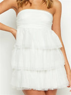 Strapless Ruched Tube Tiered Tulle Ruffle Babydoll Mini Dress
