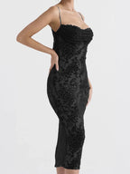 Spaghetti Strap Cowl Neck Lace Trim Floral Burnout Bodycon Midi Dress