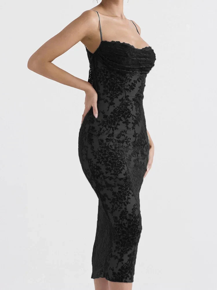 Spaghetti Strap Cowl Neck Lace Trim Floral Burnout Bodycon Midi Dress