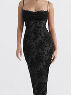 Vintage Lace Sleeveless Strap Low Cut Backless Floral Print Midi Dress