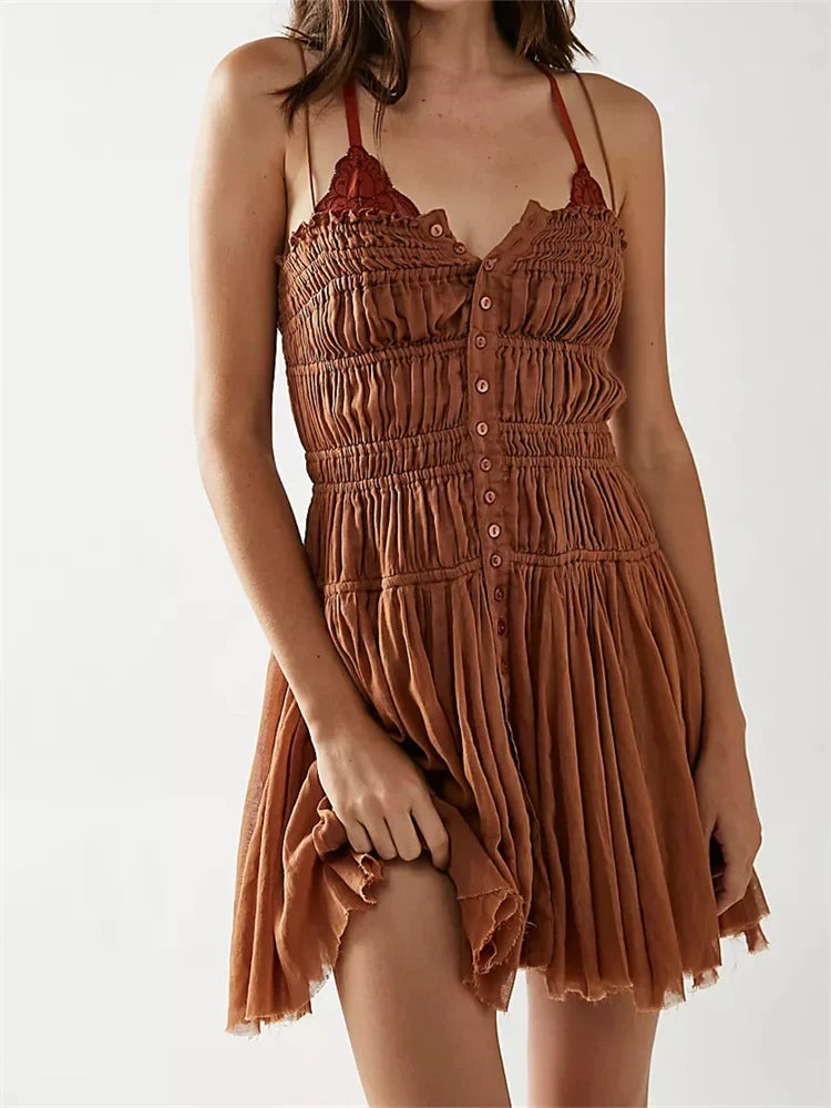Smocked Button Front Spaghetti Strap Ruffle Trim Gauze Mini Dress
