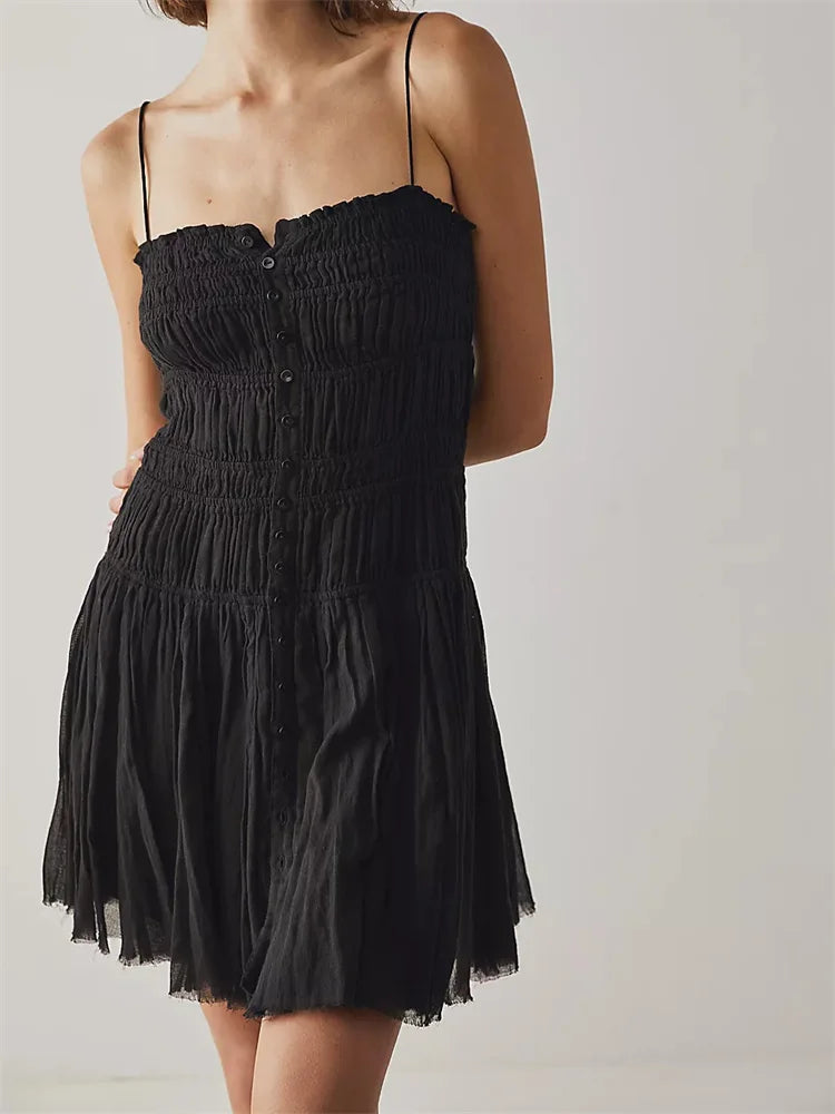 Smocked Button Front Spaghetti Strap Ruffle Trim Gauze Mini Dress