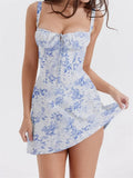 Floral Print Bustier Tie Front Corset Seam A-Line Mini Dress