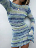 Open Knit Space Dye Stripe Bell Sleeve Crew Neck Bodycon Mini Dress