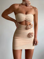 Strapless Bandeau Midriff Cut Out Ruched 3D Floral Appliqué Mini Dress and Choker Set