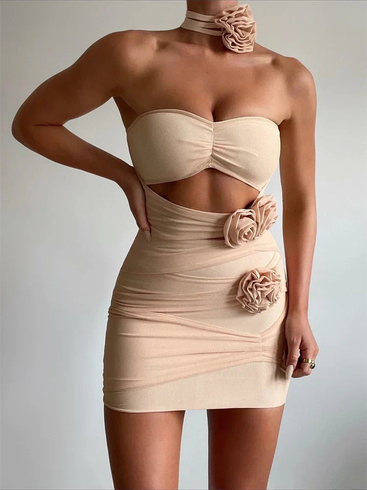 Strapless Bandeau Midriff Cut Out Ruched 3D Floral Appliqué Mini Dress and Choker Set