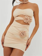 Strapless Bandeau Midriff Cut Out Ruched 3D Floral Appliqué Mini Dress and Choker Set