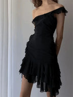 One Shoulder Ruffle Tiered Asymmetric Hem Mini Dress