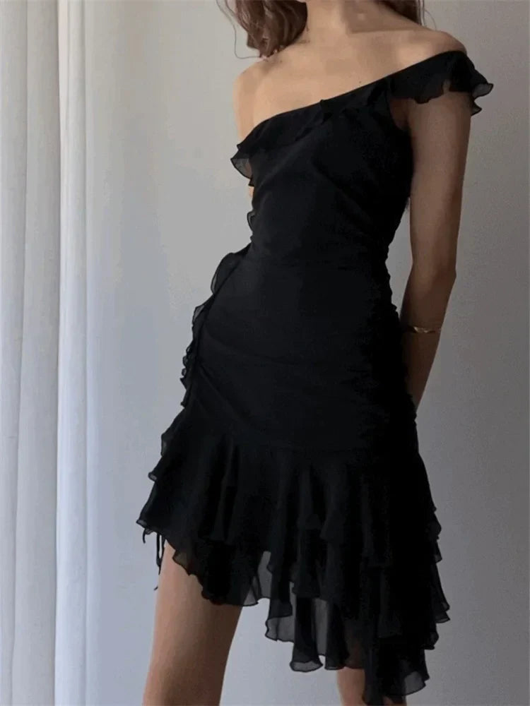 One Shoulder Ruffle Tiered Asymmetric Hem Mini Dress
