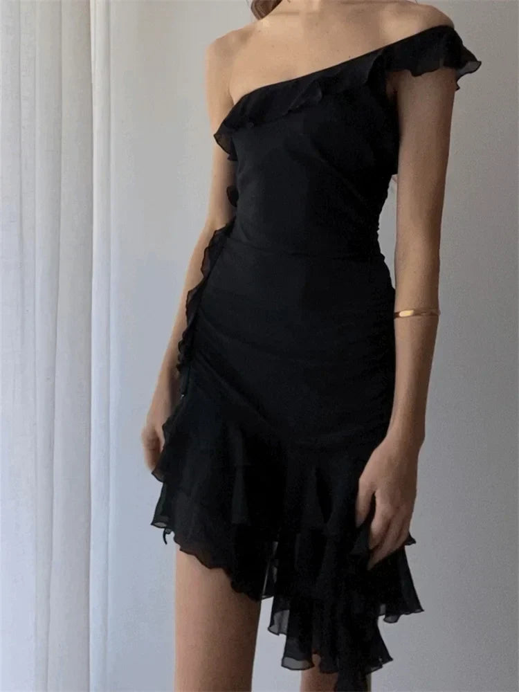 One Shoulder Ruffle Tiered Asymmetric Hem Mini Dress