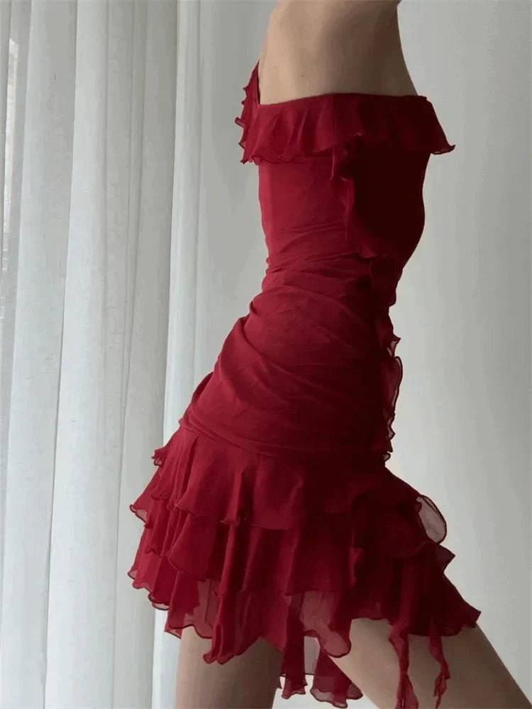 One Shoulder Ruffle Tiered Asymmetric Hem Mini Dress