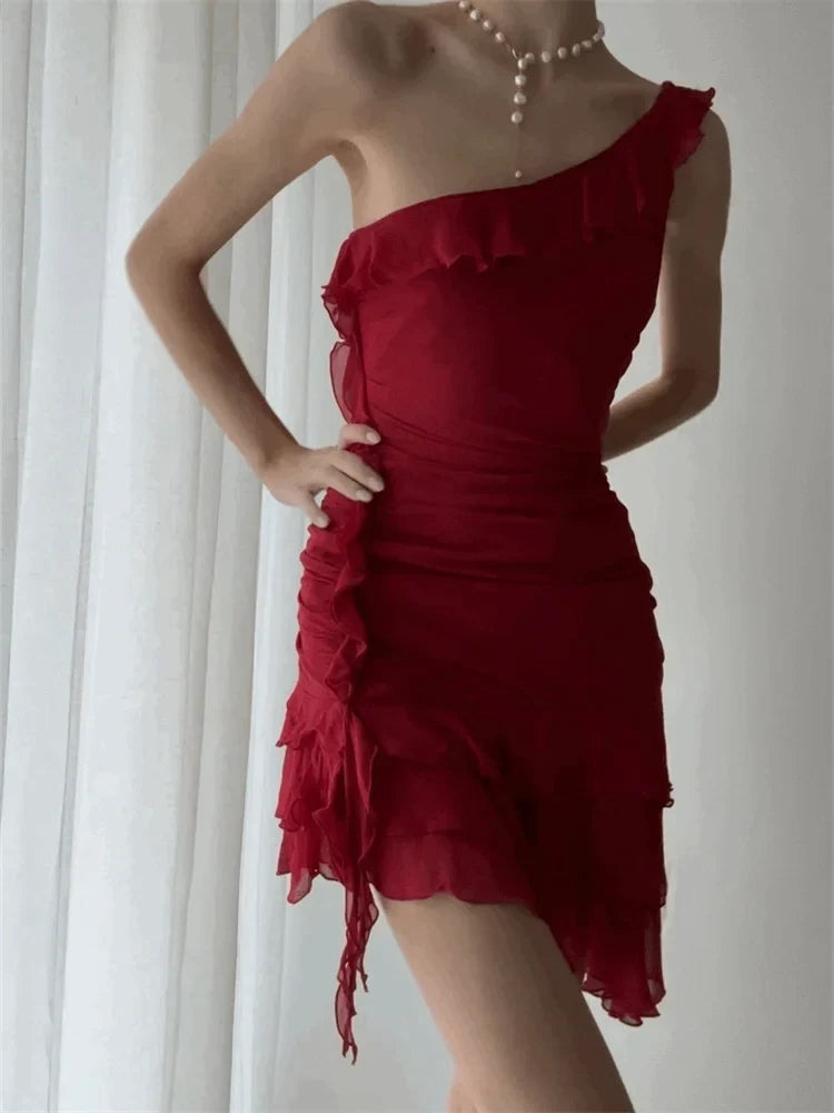 One Shoulder Ruffle Tiered Asymmetric Hem Mini Dress