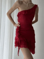 One Shoulder Ruffle Tiered Asymmetric Hem Mini Dress