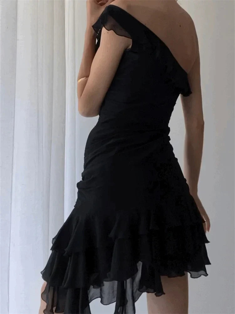One Shoulder Ruffle Tiered Asymmetric Hem Mini Dress