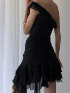 One Shoulder Ruffle Tiered Asymmetric Hem Mini Dress