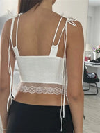 Women Y2K Sleeveless Spaghetti Strap Top Sexy Lace Patchwork Front Tie-up Summer Mini Vest Streetwear 2024 Crop Top