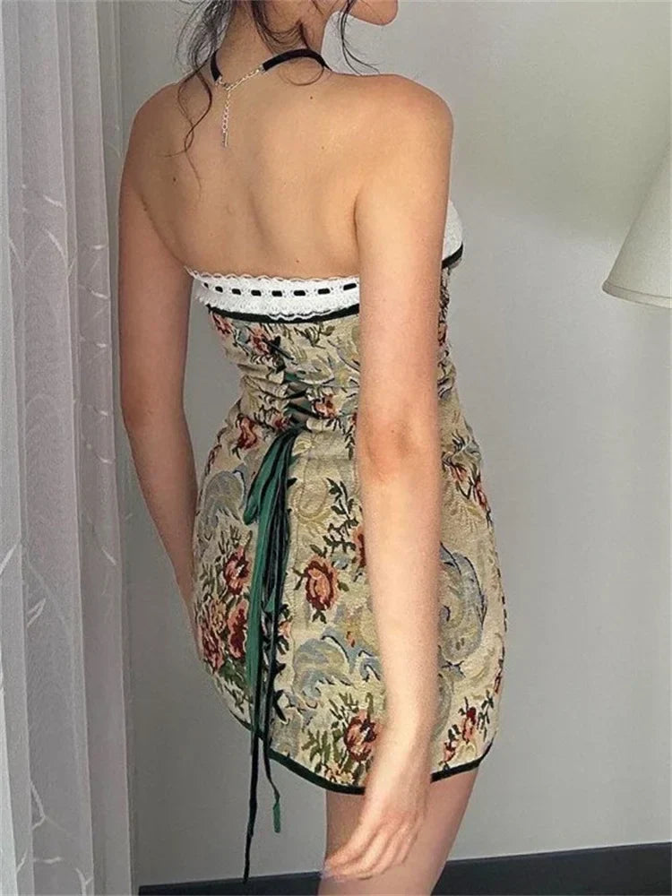 Tapestry Floral Strapless Lace Trim Corset Lace Up Bodycon Mini Dress