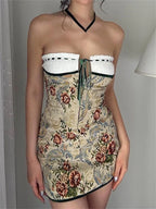 Tapestry Floral Strapless Lace Trim Corset Lace Up Bodycon Mini Dress