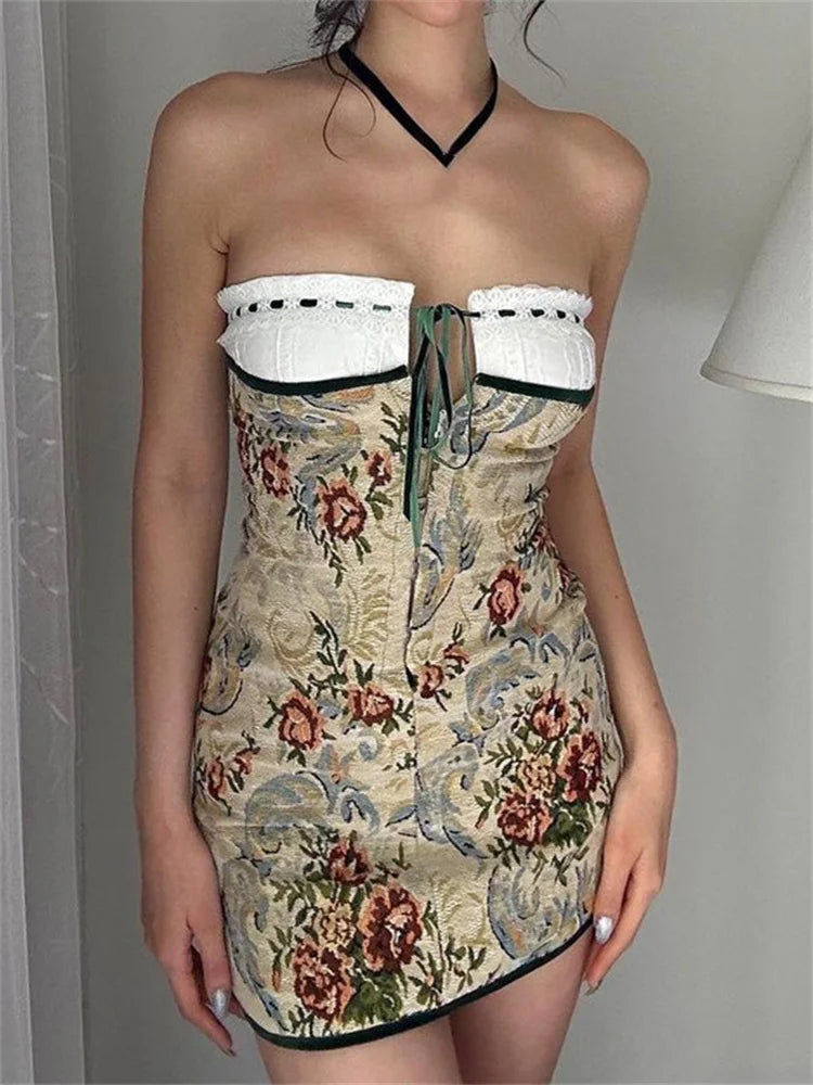 Tapestry Floral Strapless Lace Trim Corset Lace Up Bodycon Mini Dress