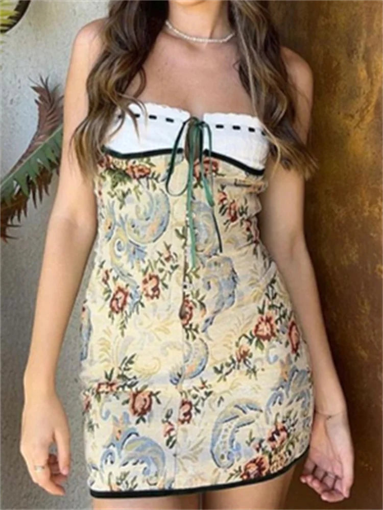 Tapestry Floral Strapless Lace Trim Corset Lace Up Bodycon Mini Dress