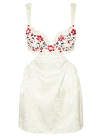 Floral Embroidered Bustier Sweetheart Lace Trim Waist Cut Out Jacquard Mini Dress