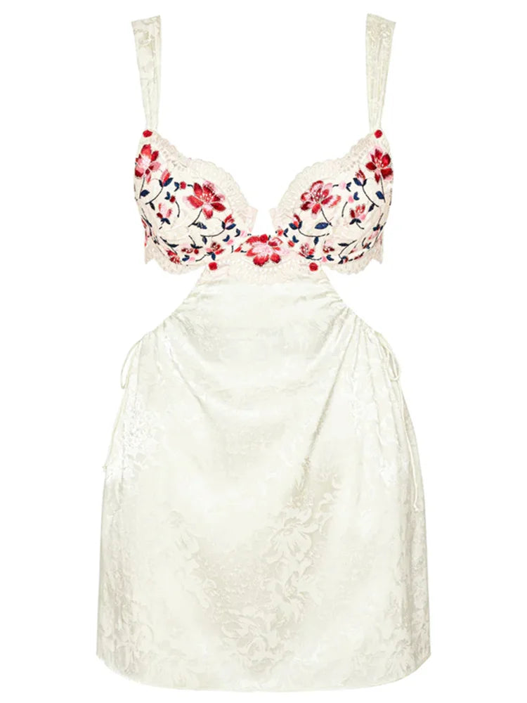 Floral Embroidered Bustier Sweetheart Lace Trim Waist Cut Out Jacquard Mini Dress