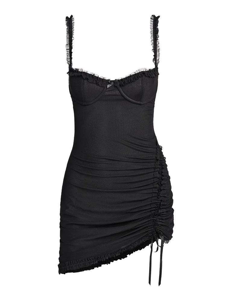 Ruched Sweetheart Neck Ruffle Trim Spaghetti Strap Bodycon Mini Dress