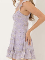 Ditsy Floral Print Criss Cross Tie Front Ruffle Strap Flounce Hem Mini Dress