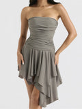 Strapless Ruched Tube Asymmetrical Tiered Ruffle Mini Dress