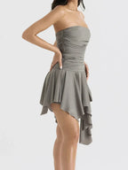 Strapless Ruched Tube Asymmetrical Tiered Ruffle Mini Dress
