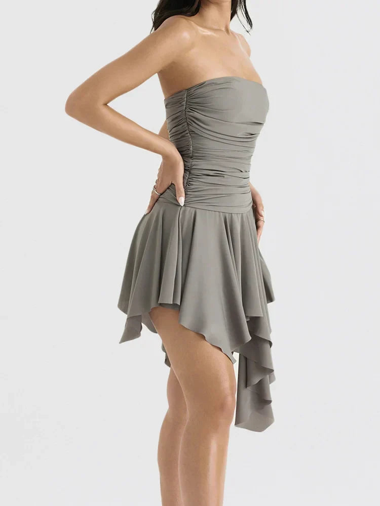 Strapless Ruched Tube Asymmetrical Tiered Ruffle Mini Dress