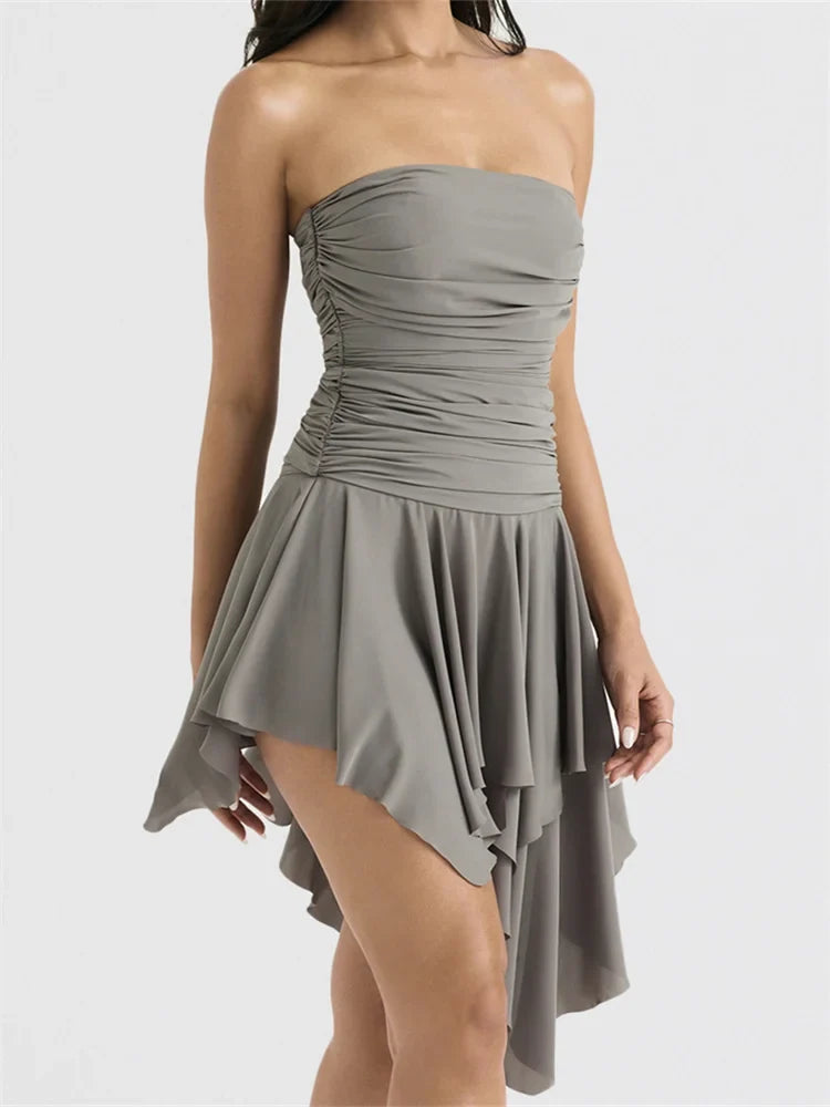 Strapless Ruched Tube Asymmetrical Tiered Ruffle Mini Dress