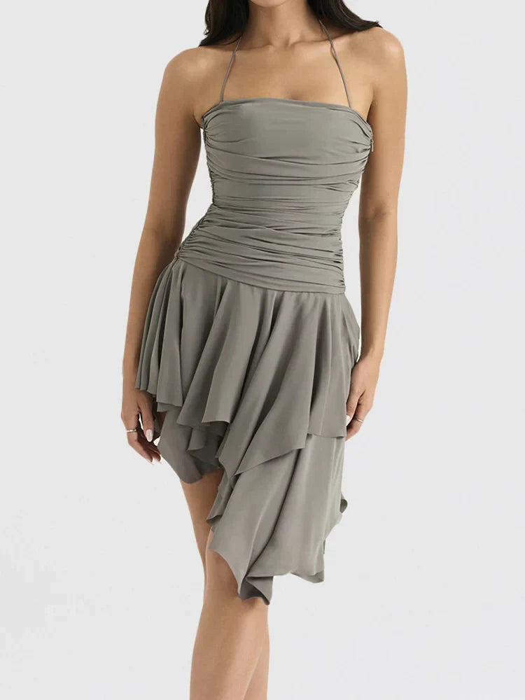 Strapless Ruched Tube Asymmetrical Tiered Ruffle Mini Dress