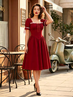 Vintage Dress Women's Puff Sleeve Midi Dress Square Neck Tie Front Fit And Flare Vintage Dress