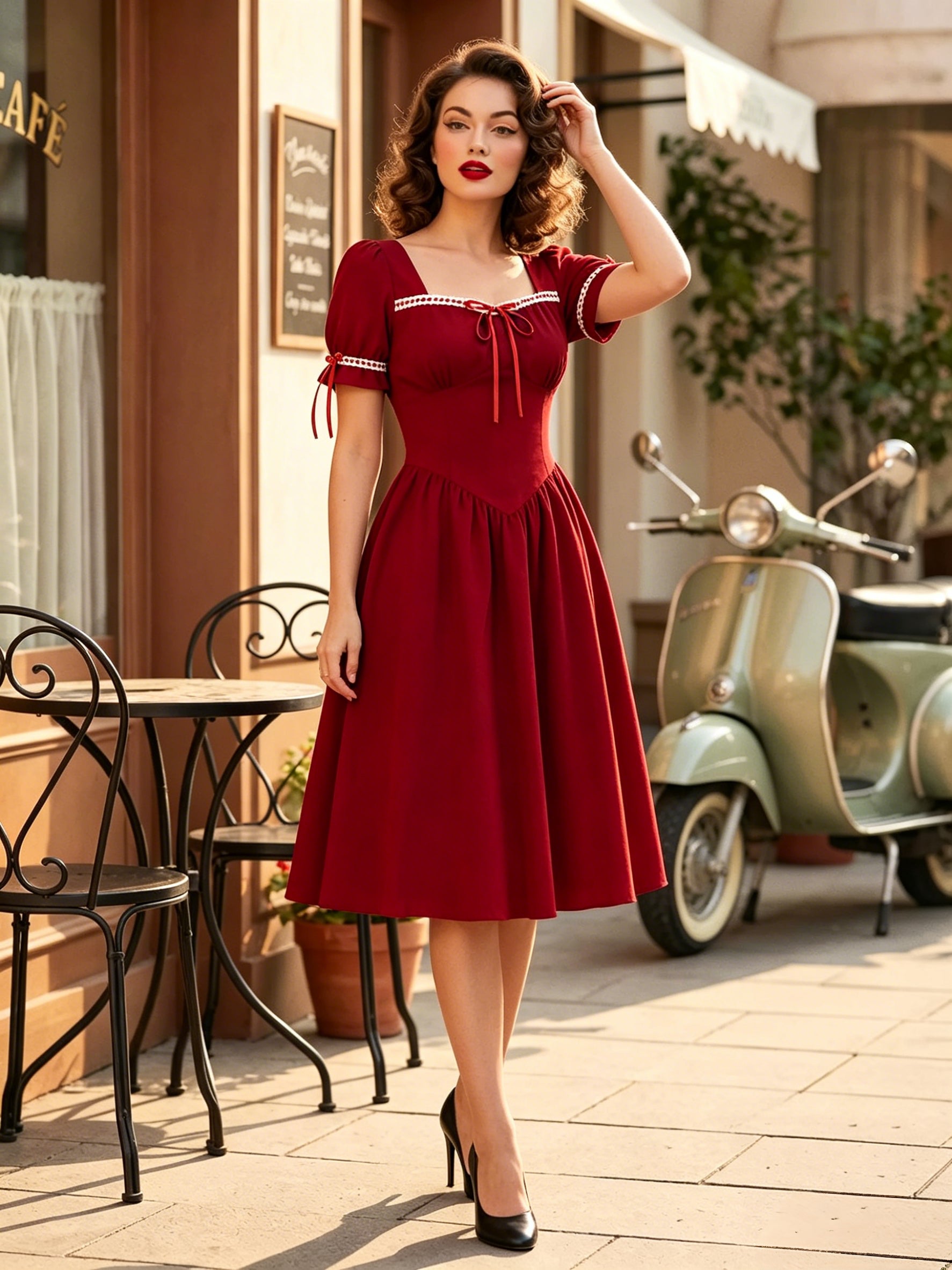 Vintage Dress Women's Puff Sleeve Midi Dress Square Neck Tie Front Fit And Flare Vintage Dress