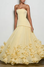Serafina Strapless Back Lace-up Handcrafted Floral Appliqués Pleated Hem Gown Maxi Dress