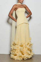 Serafina Strapless Back Lace-up Handcrafted Floral Appliqués Pleated Hem Gown Maxi Dress