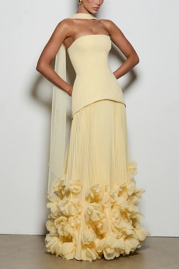 Serafina Strapless Back Lace-up Handcrafted Floral Appliqués Pleated Hem Gown Maxi Dress