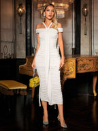 Off Shoulder Twisted Halter Strap Ruched Center Sash Midi Dress