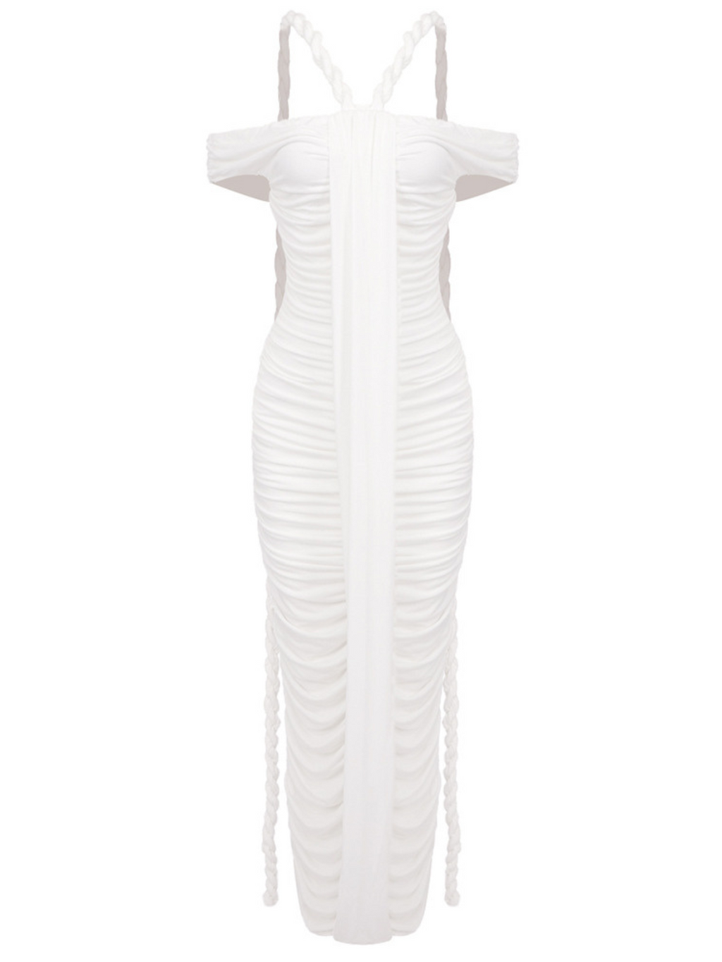 Off Shoulder Twisted Halter Strap Ruched Center Sash Midi Dress