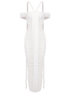 Off Shoulder Twisted Halter Strap Ruched Center Sash Midi Dress