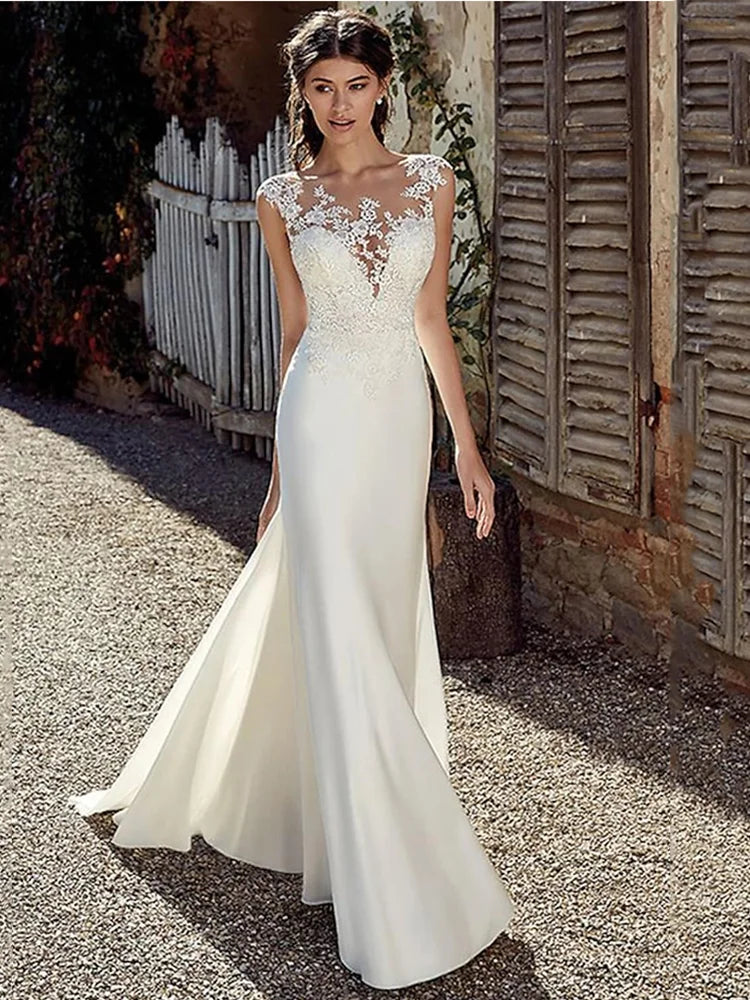 Illusion Neckline Lace Applique Mermaid Cap Sleeve Floor Length Gown